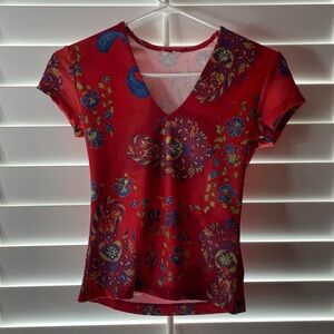 red paisley v-neck top